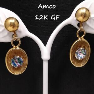 Amco Gold Filled Rhinestone Earrings, Screw-backs, Gold Mesh, 1940s